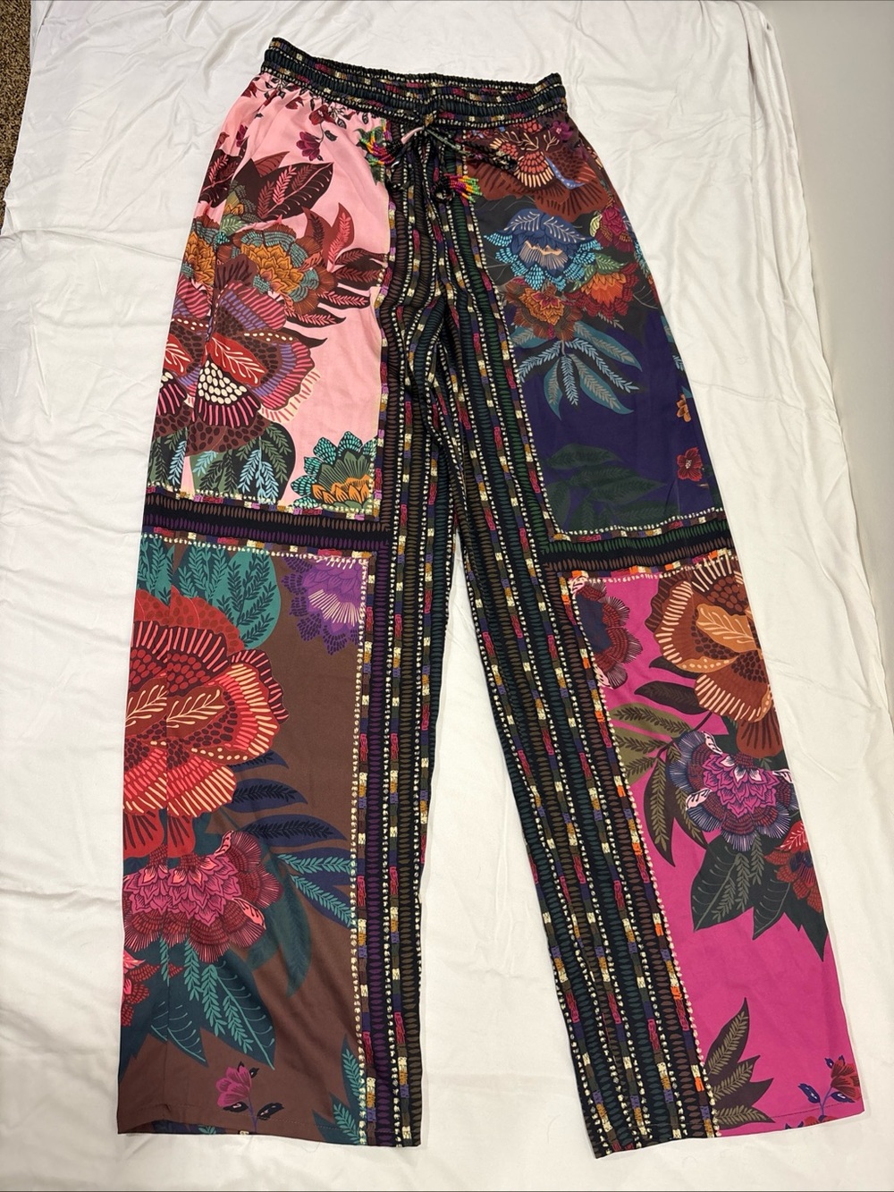 House of Harlow 1960 Wide Leg Pants S Multicolor Floral Patchwork Boho Satin